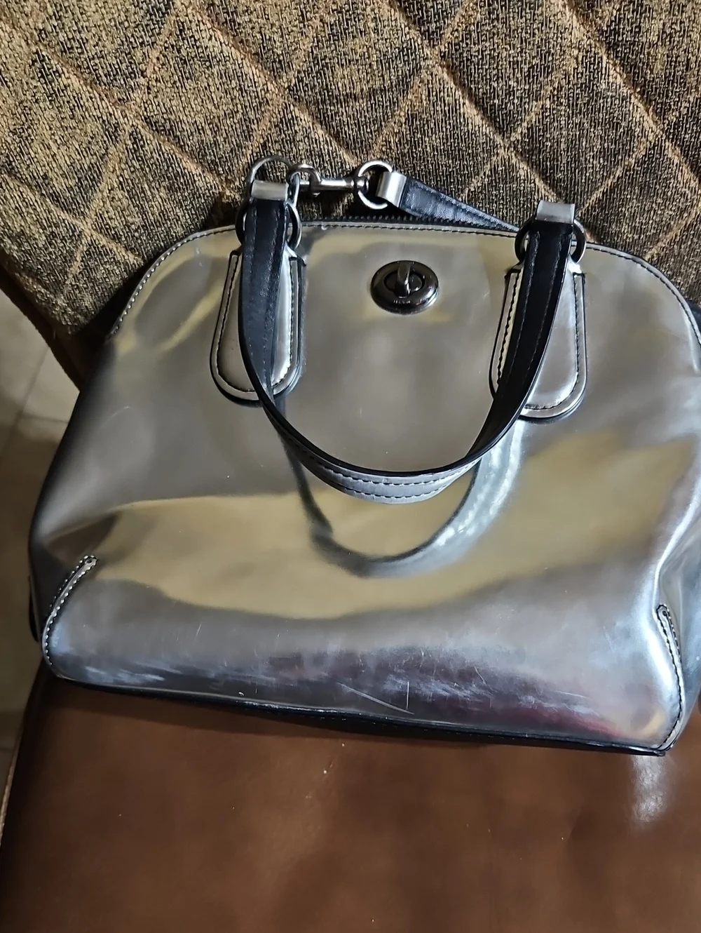 Coach Prince Street Mini Satchel Bag In Mirror Metallic Silver Leather Turn Lock